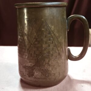 Vintage Etched Brass Mug with Egyptian Motif